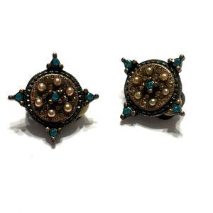 Copper Button Turquoise Tone Crystal Clip On Earrings Costume Jewelry Stud